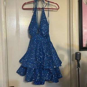 Deep v open back two layer horsehair trim blue sequin party dress